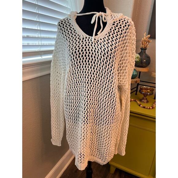 NWT Nicole Miller off white open knit crochet hooded tunic Cover Up. Poly. Sz L - Picture 2 of 11
